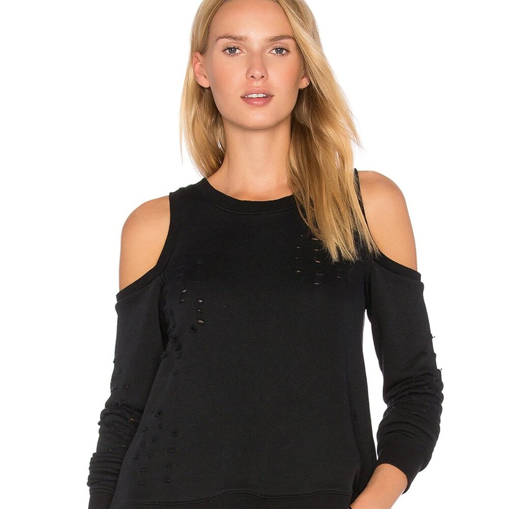 Revolve/ Central Park West Cold Shoulder Distressed Sweatshirt in Black Sz Small
